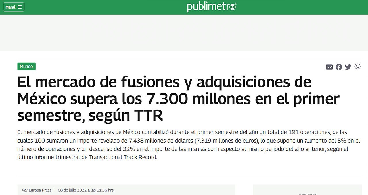 El mercado de fusiones y adquisiciones de Mxico supera los 7.300 millones en el primer semestre, segn TTR